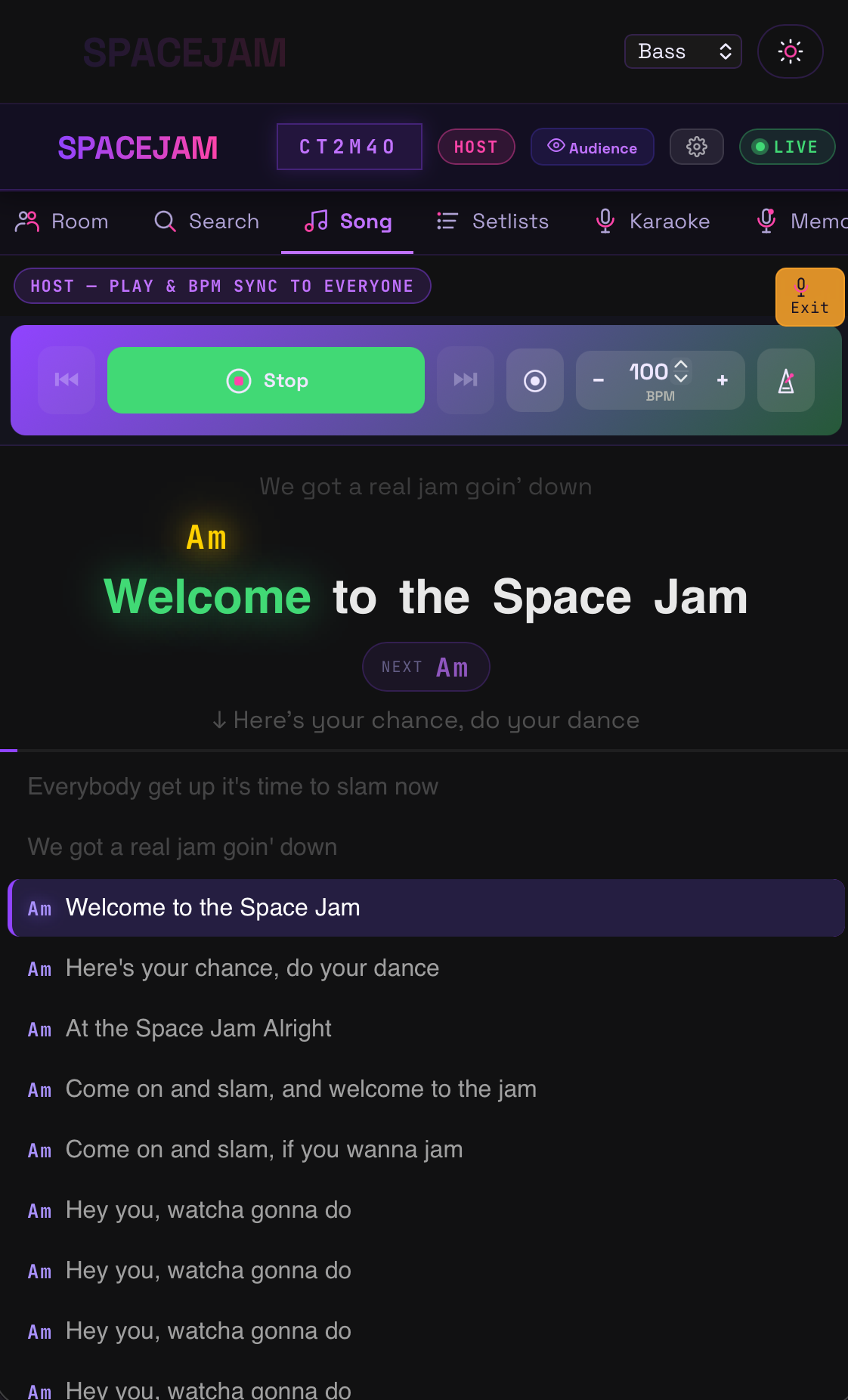 Karaoke mode with live chord sync